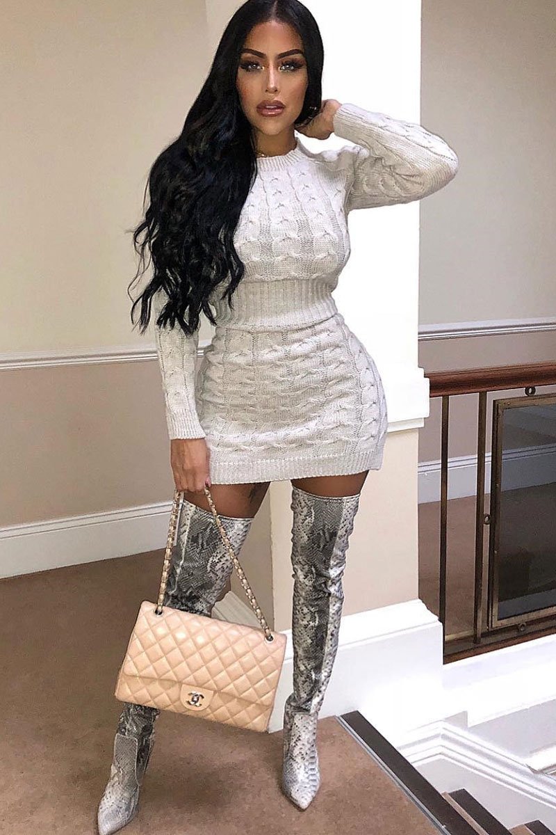 Beige Cable Knit Jumper Midi Dress - Jaylie-Dresses