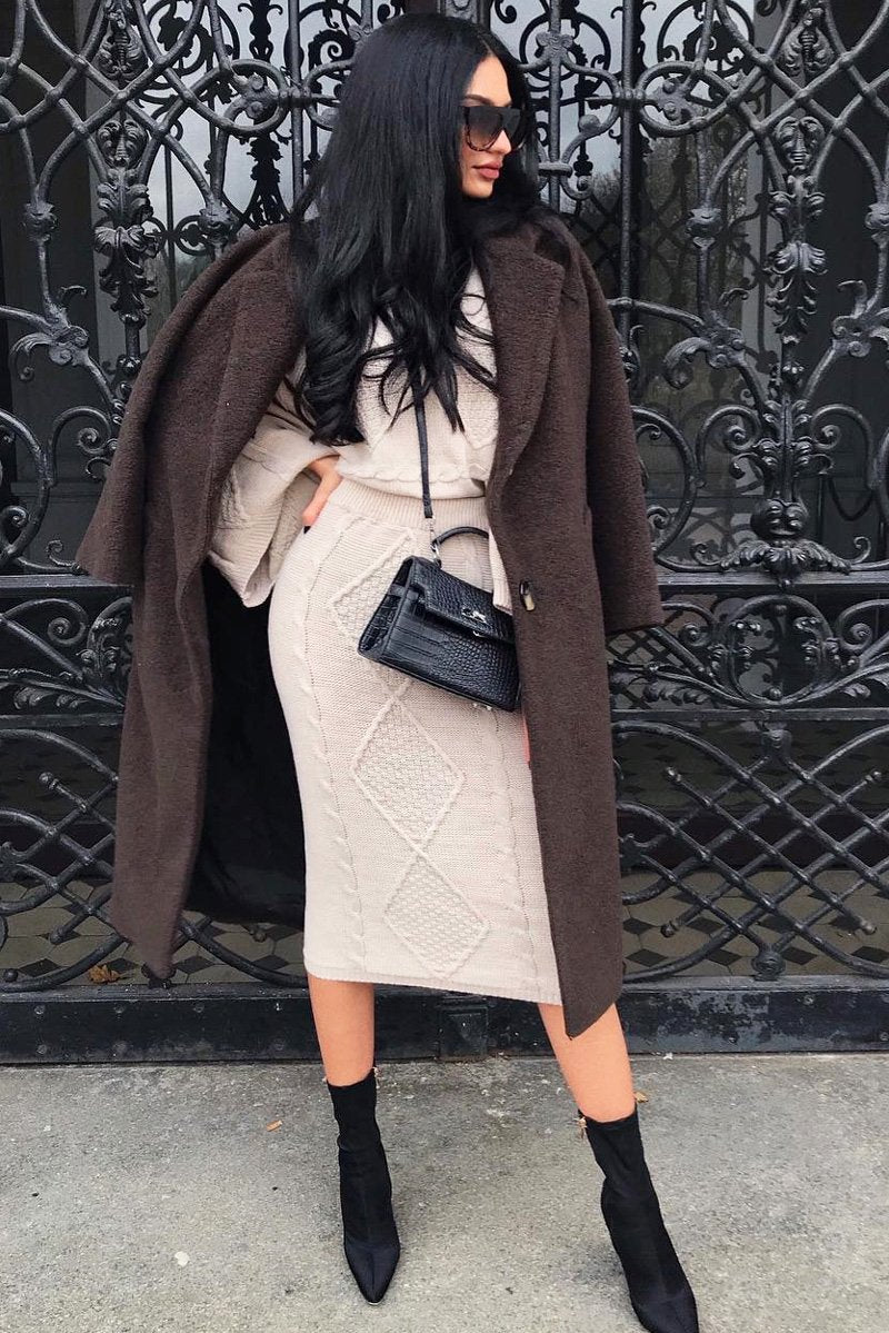 Beige Cable Knit Jumper Midi Skirt Co-Ord - Mahari-Co-ords