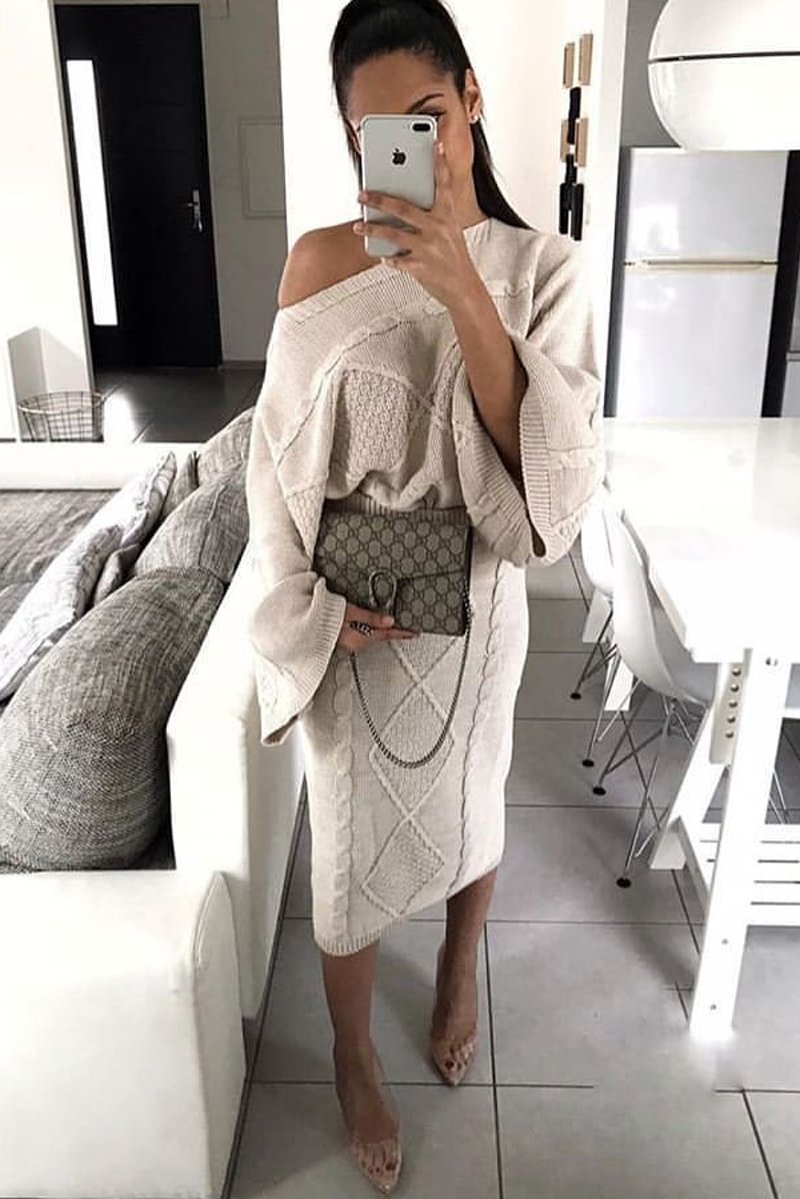 Beige Cable Knit Jumper Midi Skirt Co-Ord - Mahari-Co-ords