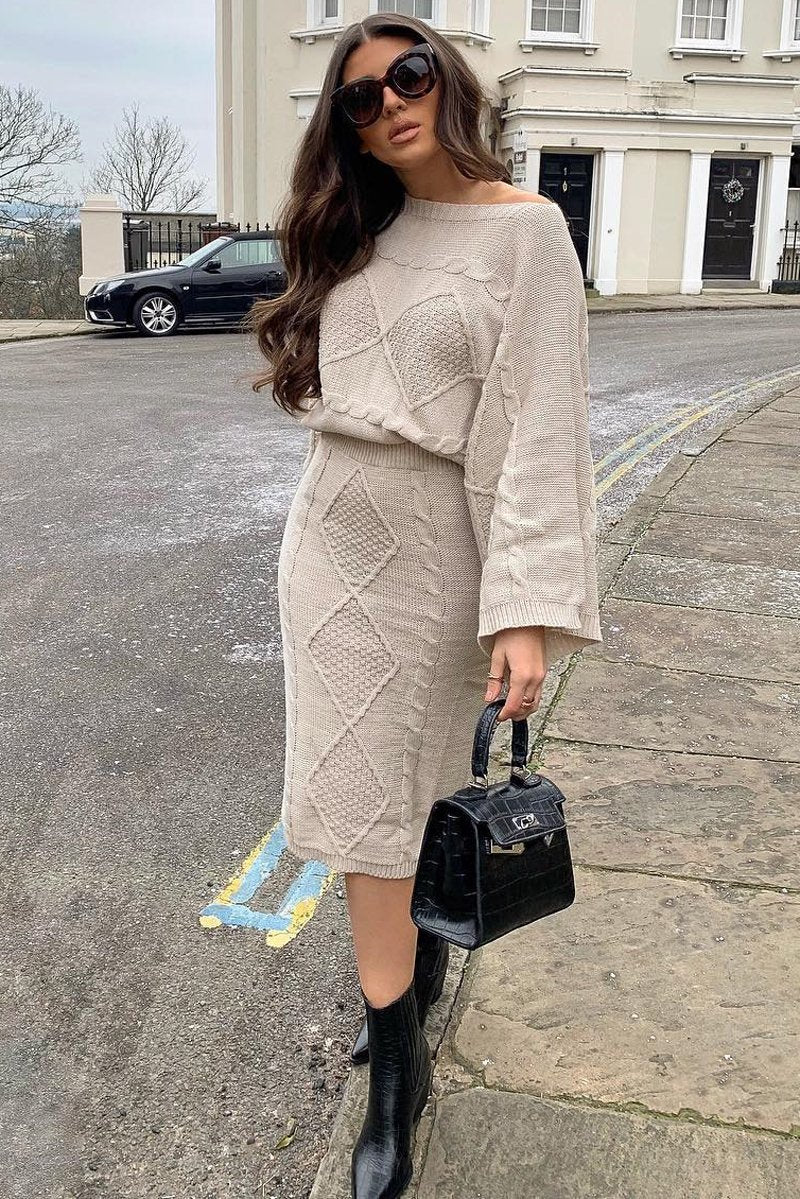 Beige Cable Knit Jumper Midi Skirt Co-Ord - Mahari-Co-ords