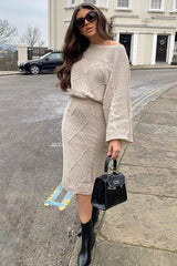 Beige Cable Knit Jumper Midi Skirt Co-Ord - Mahari-Co-ords
