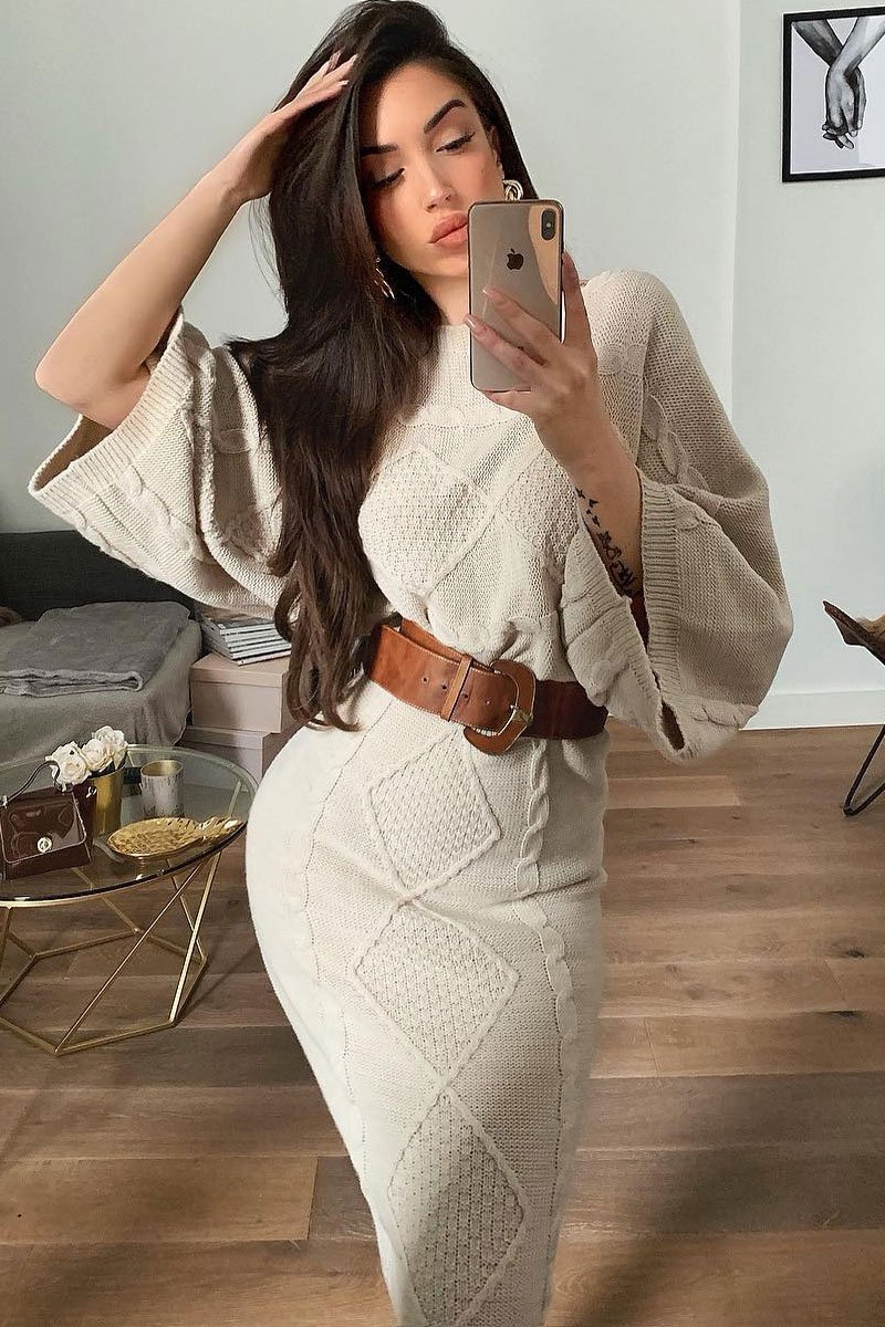 Beige Cable Knit Jumper Midi Skirt Co-Ord - Mahari-Co-ords