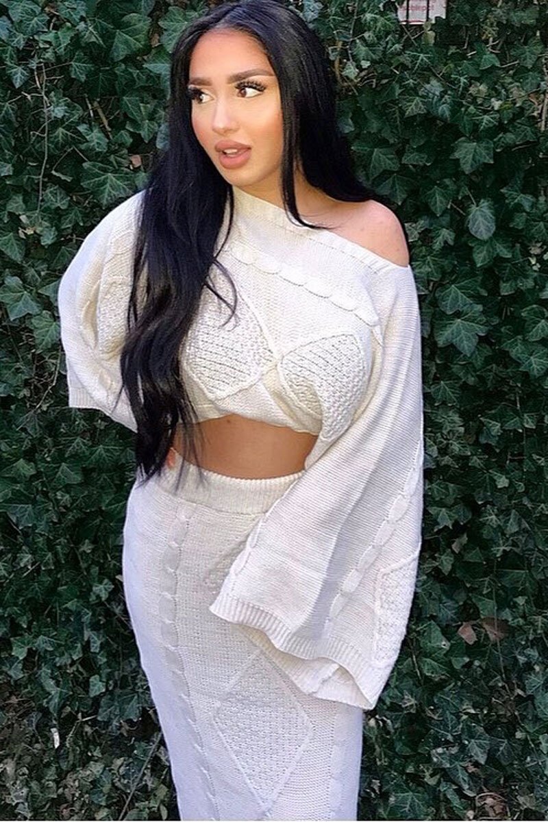 Beige Cable Knit Jumper Midi Skirt Co-Ord - Mahari-Co-ords