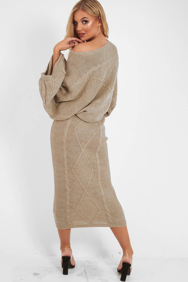 Beige Cable Knit Jumper Midi Skirt Co-Ord - Mahari-Co-ords