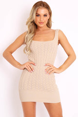 Beige Cable Knit Mini Jumper Dress - Willow-Dresses