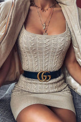 Beige Cable Knit Mini Jumper Dress - Willow-Dresses