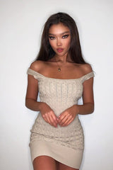 Beige Cable Knit Mini Jumper Dress - Willow-Dresses