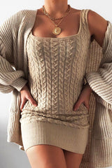 Beige Cable Knit Mini Jumper Dress - Willow-Dresses