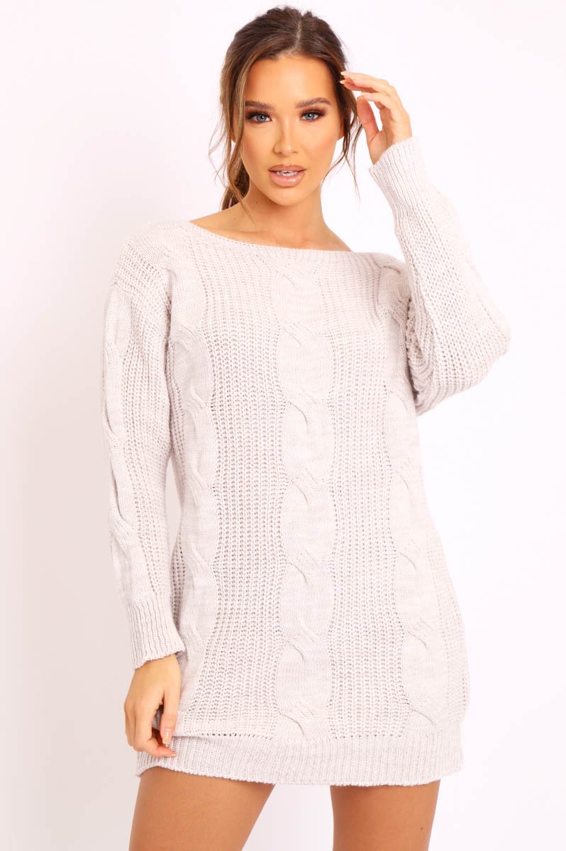 Beige Cable Knit Off Shoulder Jumper Dress - Berry-Dresses