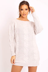 Beige Cable Knit Off Shoulder Jumper Dress - Berry-Dresses
