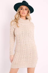 Beige Cable Knit Roll Neck Jumper Dress - Matilda-Dresses