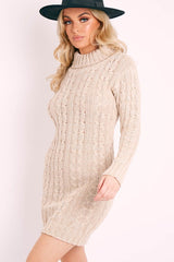 Beige Cable Knit Roll Neck Jumper Dress - Matilda-Dresses