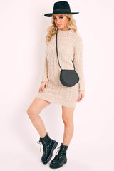 Beige Cable Knit Roll Neck Jumper Dress - Matilda-Dresses