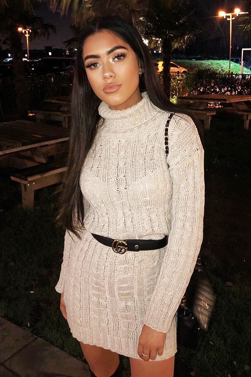 Beige Cable Knit Roll Neck Jumper Dress - Matilda-Dresses