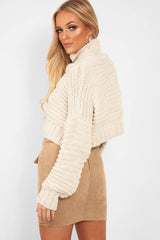 Beige Cable Knit Sleeve Detail Jumper - Miyonna-Jumper