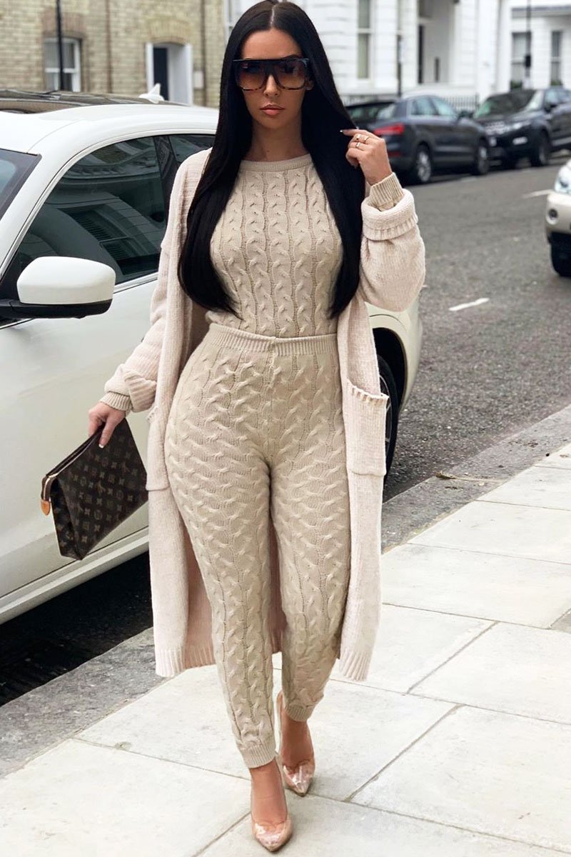 Beige Cable Knit Sweater and Leggings Loungewear Co-ord - Ionia-Co-ords