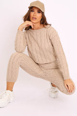 Beige Cable Knit Sweater and Leggings Loungewear Co-ord - Ionia-Co-ords