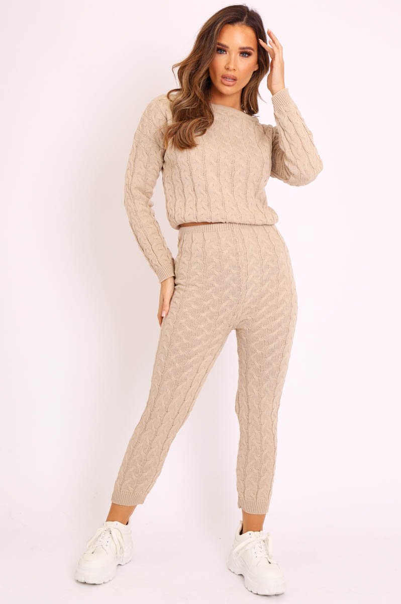 Beige Cable Knit Sweater and Leggings Loungewear Co-ord - Ionia-Co-ords