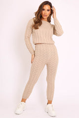Beige Cable Knit Sweater and Leggings Loungewear Co-ord - Ionia-Co-ords