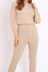 Beige Cable Knit Sweater and Leggings Loungewear Co-ord - Ionia-Co-ords