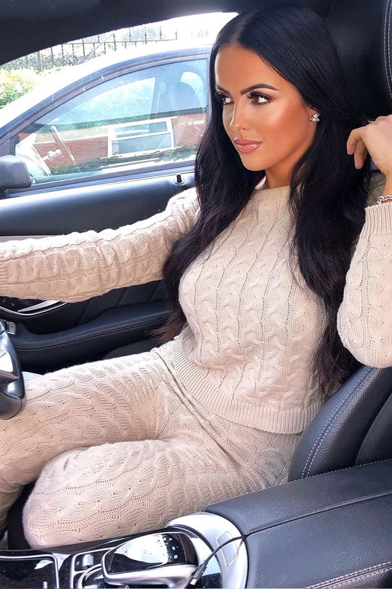 Beige Cable Knit Sweater and Leggings Loungewear Co-ord - Ionia-Co-ords