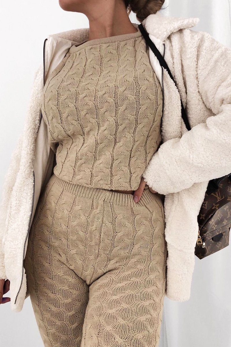 Beige Cable Knit Sweater and Leggings Loungewear Co-ord - Ionia-Co-ords