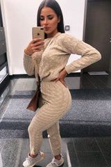 Beige Cable Knit Sweater and Leggings Loungewear Co-ord - Ionia-Co-ords