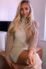 Beige Camel Colour Block Roll Neck Jumper - Milie-Jumper