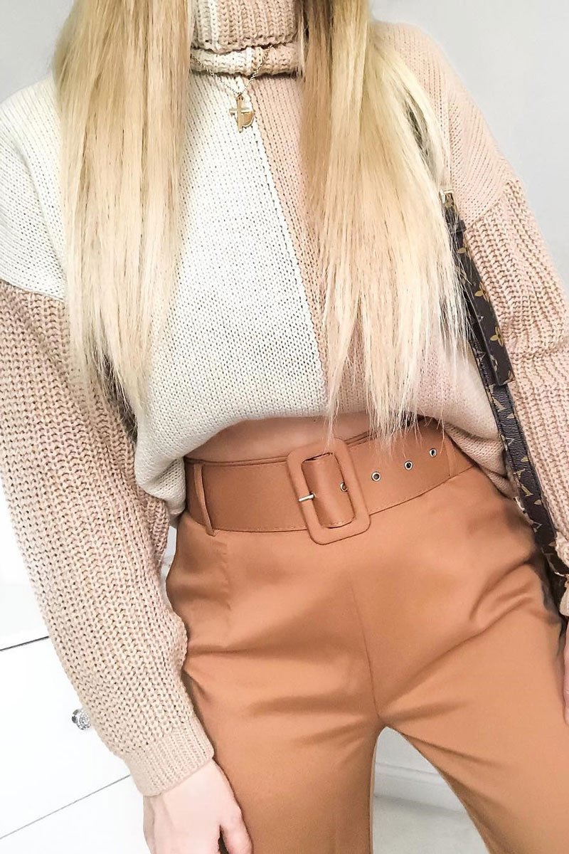 Beige Camel Colour Block Roll Neck Jumper - Milie-Jumper