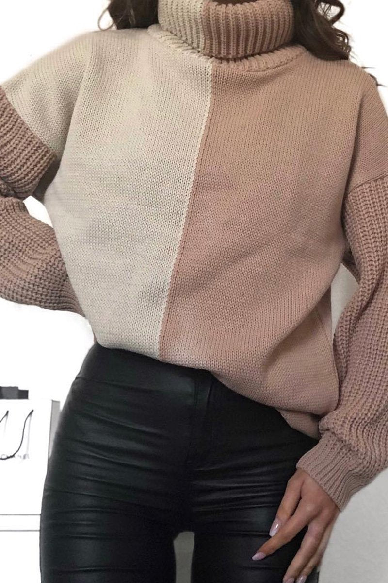 Beige Camel Colour Block Roll Neck Jumper - Milie-Jumper