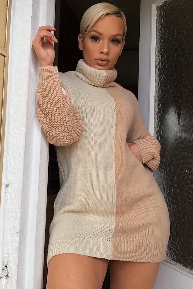 Beige Camel Colour Block Roll Neck Jumper - Milie-Jumper