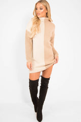Beige Camel Colour Block Roll Neck Jumper - Milie-Jumper