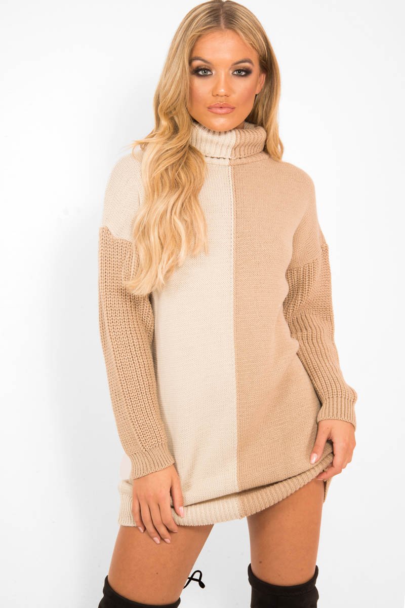Beige Camel Colour Block Roll Neck Jumper - Milie-Jumper