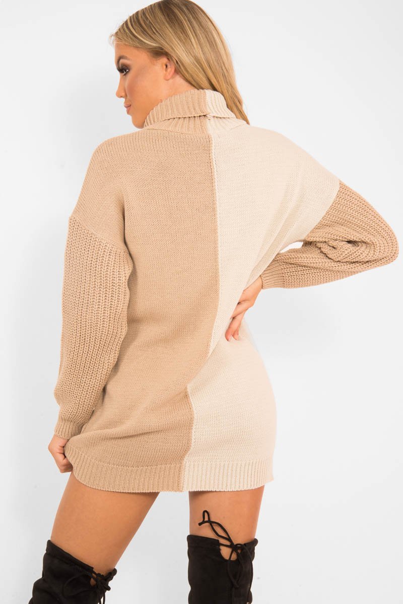 Beige Camel Colour Block Roll Neck Jumper - Milie-Jumper