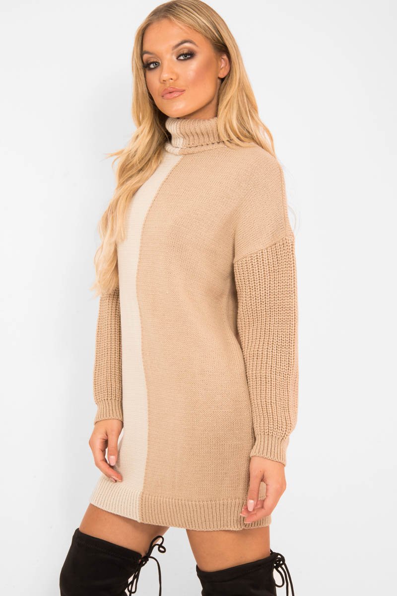 Beige Camel Colour Block Roll Neck Jumper - Milie-Jumper