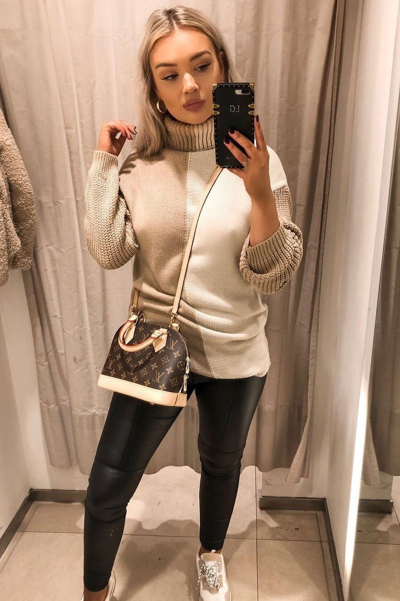 Beige Camel Colour Block Roll Neck Jumper - Milie-Jumper