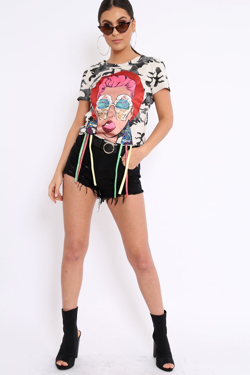 Beige Camo Crew Neck Girls Face T Shirt with Tassels - Lenna-Tops