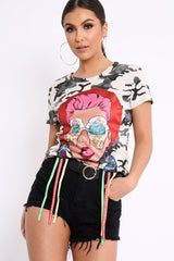 Beige Camo Crew Neck Girls Face T Shirt with Tassels - Lenna-Tops