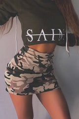 Beige Camo Print Side Split Skirt - Zelle-Skirts