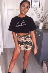 Beige Camo Print Side Split Skirt - Zelle-Skirts