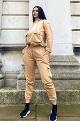 Beige Cargo Pocket Hoodie and Joggers Tracksuit - Aafiya-Tracksuits