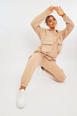 Beige Cargo Pocket Hoodie and Joggers Tracksuit - Aafiya-Tracksuits