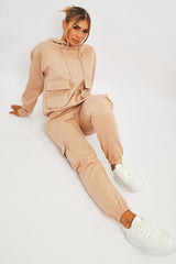 Beige Cargo Pocket Hoodie and Joggers Tracksuit - Aafiya-Tracksuits
