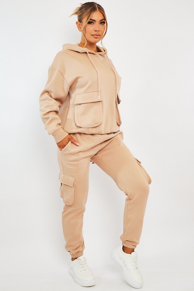 Beige Cargo Pocket Hoodie and Joggers Tracksuit - Aafiya-Tracksuits