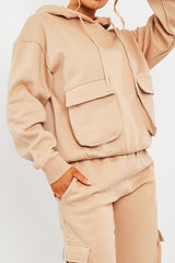 Beige Cargo Pocket Hoodie and Joggers Tracksuit - Aafiya-Tracksuits