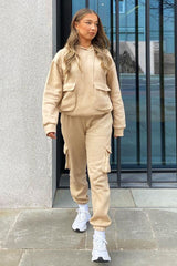 Beige Cargo Pocket Hoodie and Joggers Tracksuit - Aafiya-Tracksuits
