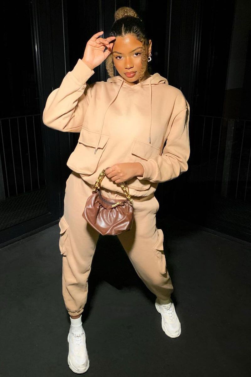 Beige Cargo Pocket Hoodie and Joggers Tracksuit - Aafiya-Tracksuits