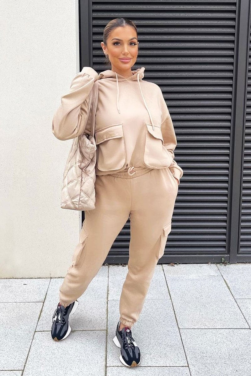 Beige Cargo Pocket Hoodie and Joggers Tracksuit - Aafiya-Tracksuits