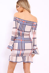 Beige Check Bardot Frill Dress - Eleonor-Dresses