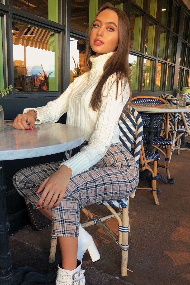 Beige Check Frill Detail Trousers - Bristal-Trousers